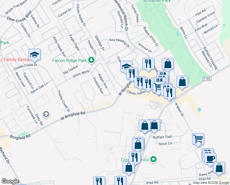 map of restaurants, bars, coffee shops, grocery stores, and more near 236 Crimson Tree in Cibolo