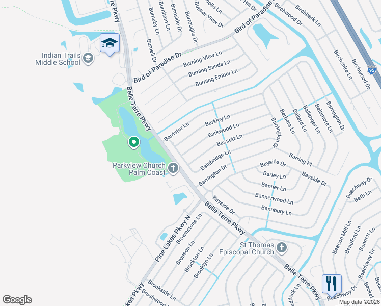 map of restaurants, bars, coffee shops, grocery stores, and more near 6 Barkwood Lane in Palm Coast
