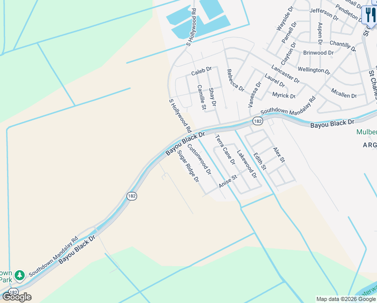 map of restaurants, bars, coffee shops, grocery stores, and more near 107 Sugar Ridge Drive in Houma