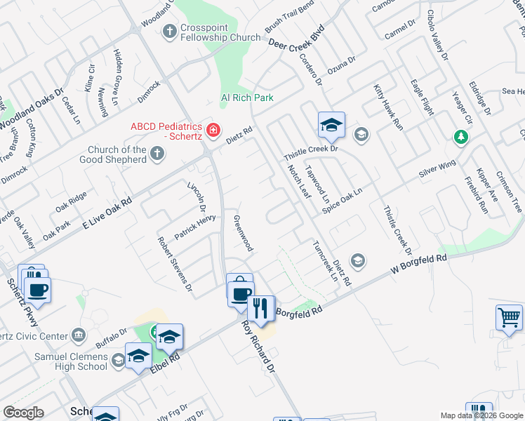 map of restaurants, bars, coffee shops, grocery stores, and more near 1312 Greenwood in Schertz