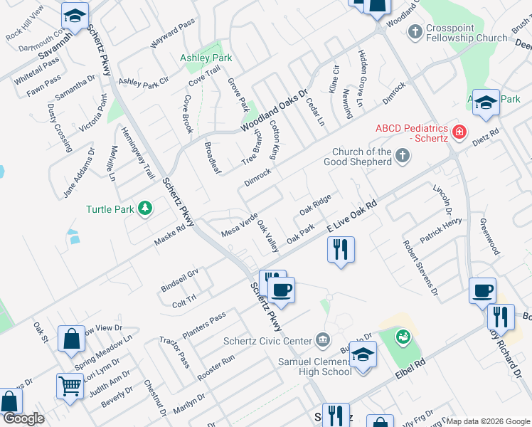 map of restaurants, bars, coffee shops, grocery stores, and more near 2225 Crary Meadow in Schertz