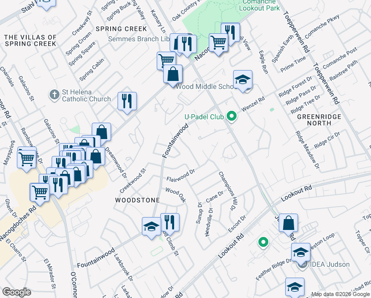 map of restaurants, bars, coffee shops, grocery stores, and more near 14100 Cradlewood Street in San Antonio