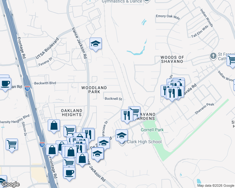 map of restaurants, bars, coffee shops, grocery stores, and more near 4810 Bucknell Street in San Antonio