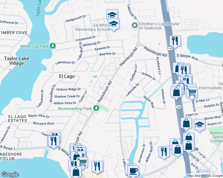 map of restaurants, bars, coffee shops, grocery stores, and more near 2602 Repsdorph Road in Seabrook