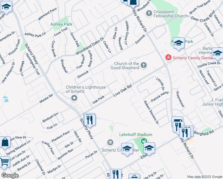 map of restaurants, bars, coffee shops, grocery stores, and more near 1001 Oak Park in Schertz