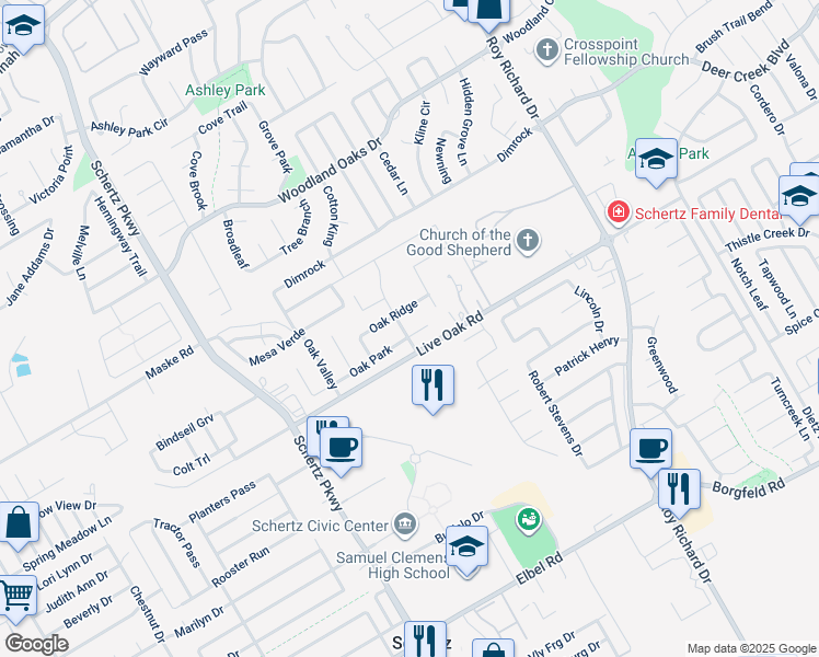 map of restaurants, bars, coffee shops, grocery stores, and more near 1001 Oak Park in Schertz