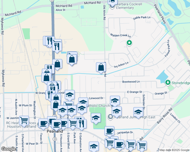 map of restaurants, bars, coffee shops, grocery stores, and more near 2018 Cheryl Drive in Pearland