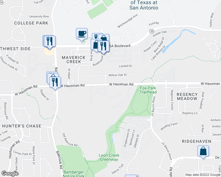 map of restaurants, bars, coffee shops, grocery stores, and more near Hausman Rd W in San Antonio