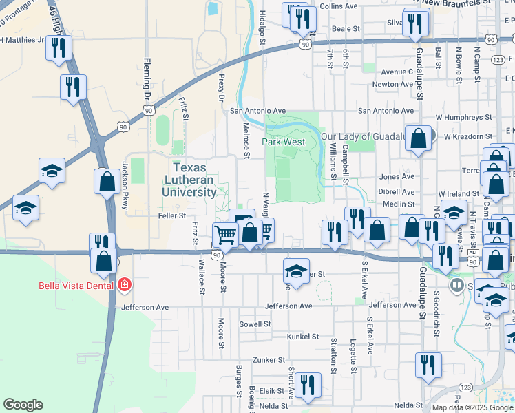 map of restaurants, bars, coffee shops, grocery stores, and more near 407 Vickers Avenue in Seguin
