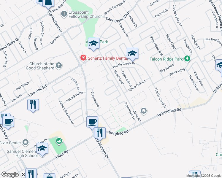 map of restaurants, bars, coffee shops, grocery stores, and more near 1116 Sandy Ridge Circle in Schertz