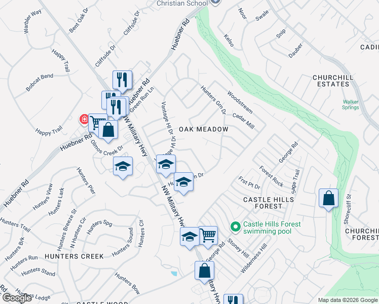 map of restaurants, bars, coffee shops, grocery stores, and more near 14107 Gray Wing Street in San Antonio