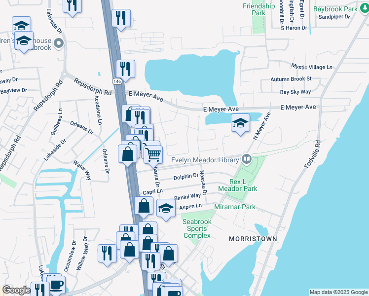 map of restaurants, bars, coffee shops, grocery stores, and more near 1948 Waterford Way in Seabrook