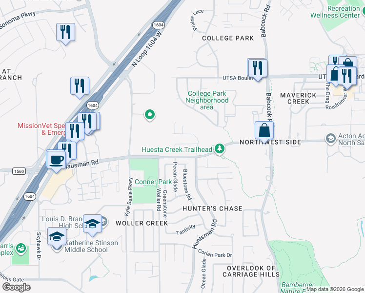 map of restaurants, bars, coffee shops, grocery stores, and more near 7754 Nature Pass in San Antonio