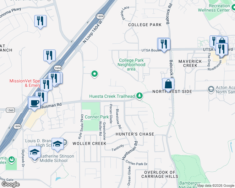 map of restaurants, bars, coffee shops, grocery stores, and more near 7706 Nature Pass in San Antonio