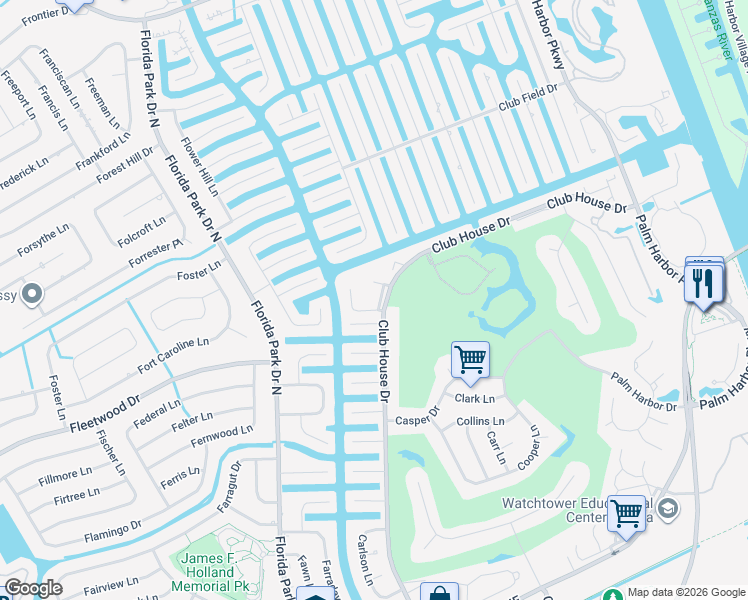 map of restaurants, bars, coffee shops, grocery stores, and more near 50 Club House Drive in Palm Coast