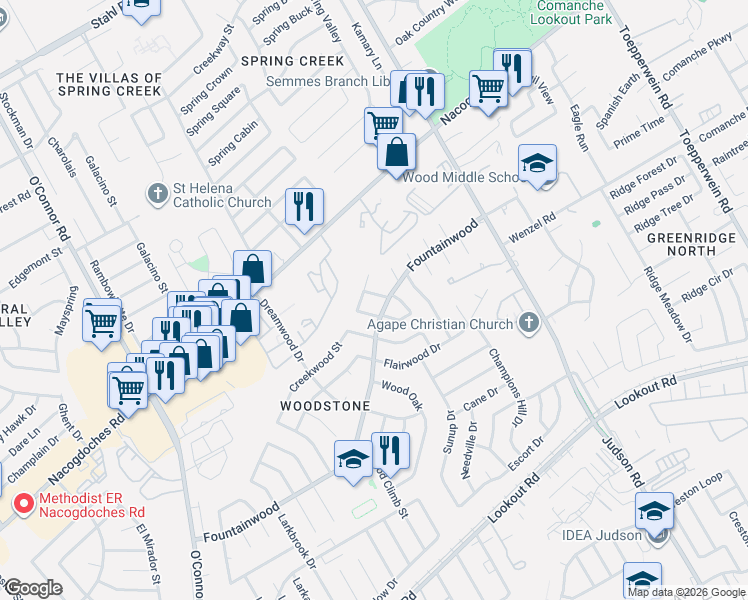map of restaurants, bars, coffee shops, grocery stores, and more near 14407 Ledgewood Street in San Antonio