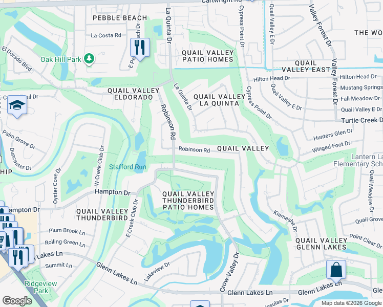 map of restaurants, bars, coffee shops, grocery stores, and more near 3119 Robinson Road in Missouri City
