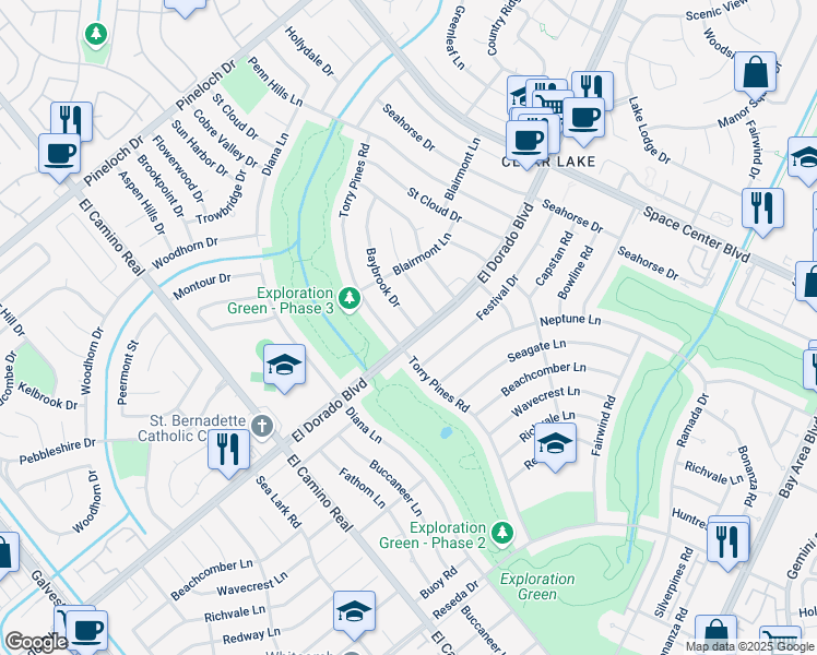 map of restaurants, bars, coffee shops, grocery stores, and more near 15526 Banff Street in Houston