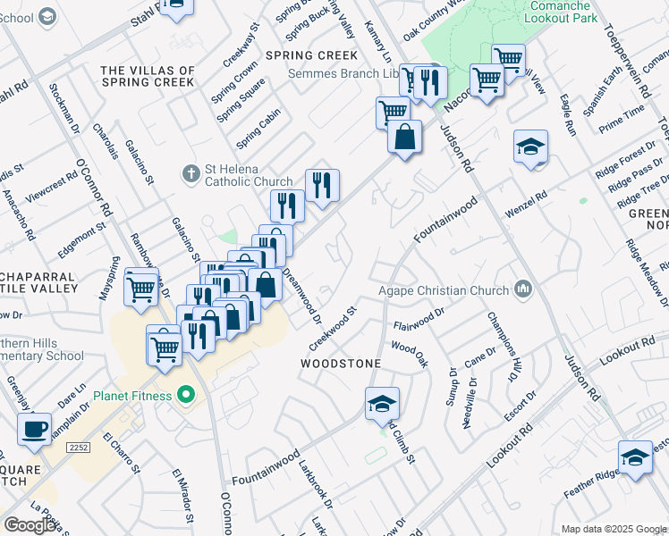 map of restaurants, bars, coffee shops, grocery stores, and more near 14650 Farm to Market Road 2252 in San Antonio
