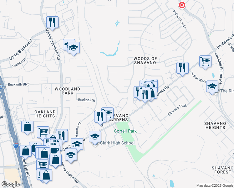 map of restaurants, bars, coffee shops, grocery stores, and more near 14003 Rocky Pine Woods Street in San Antonio