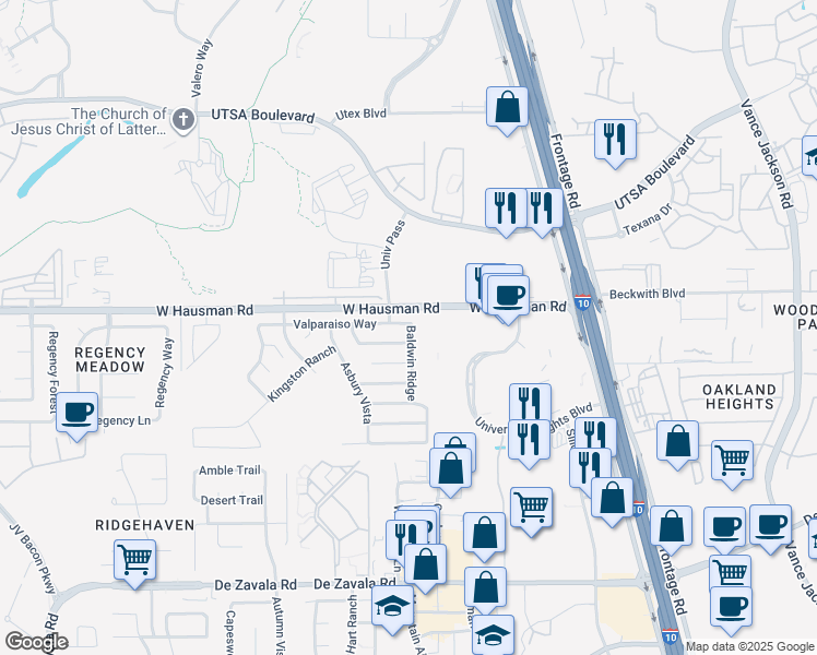 map of restaurants, bars, coffee shops, grocery stores, and more near 5815 Valparaiso Way in San Antonio