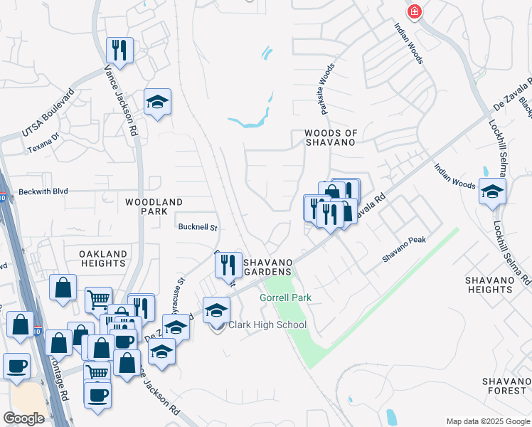 map of restaurants, bars, coffee shops, grocery stores, and more near 4601 De Zavala Rd in San Antonio