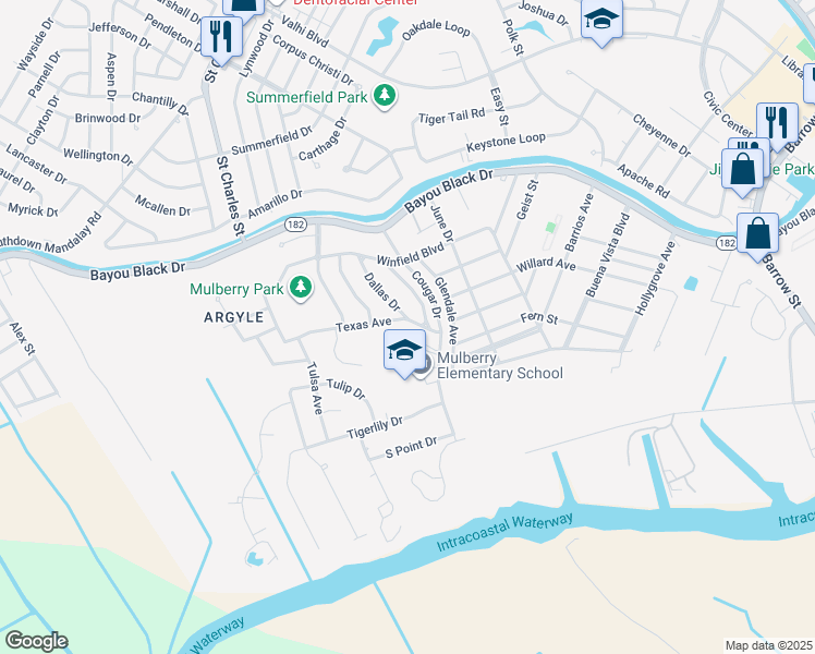 map of restaurants, bars, coffee shops, grocery stores, and more near 21 Austin Drive in Houma