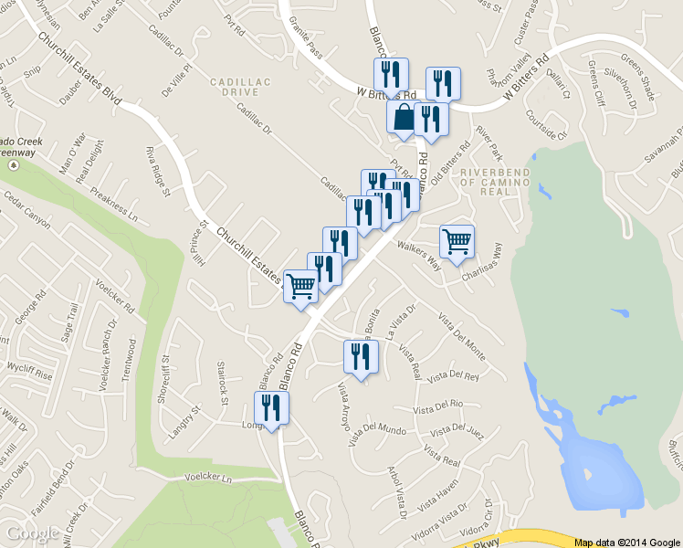 map of restaurants, bars, coffee shops, grocery stores, and more near 13489 Blanco Road in San Antonio