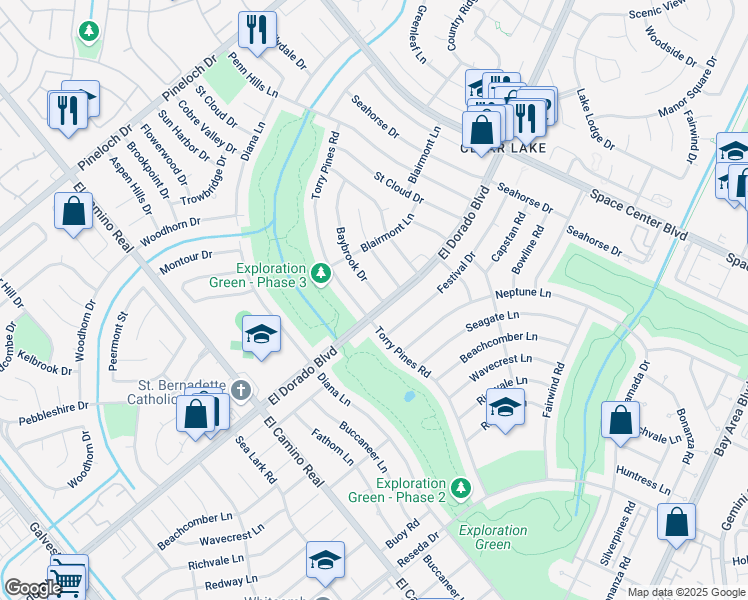 map of restaurants, bars, coffee shops, grocery stores, and more near 15526 Banff Street in Houston