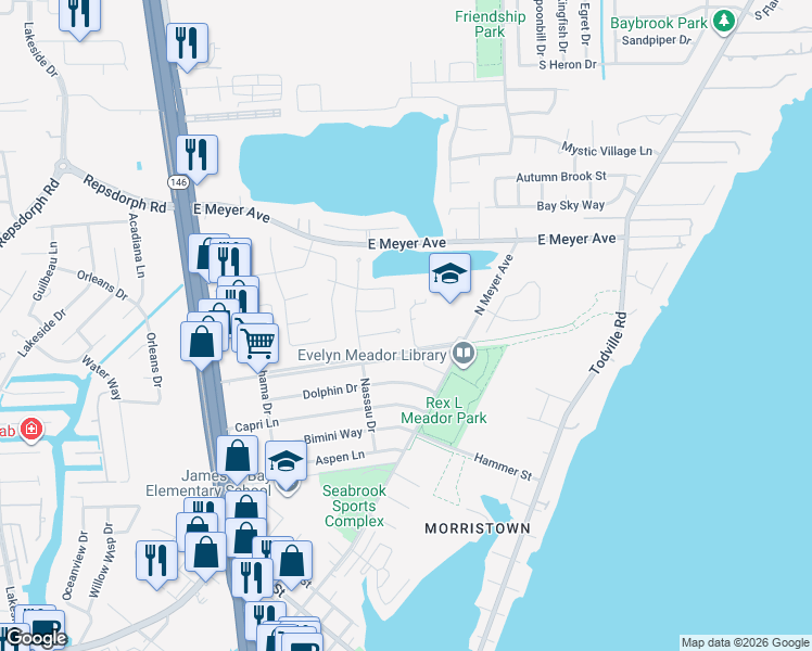 map of restaurants, bars, coffee shops, grocery stores, and more near 2200 Hialeah Drive in Seabrook