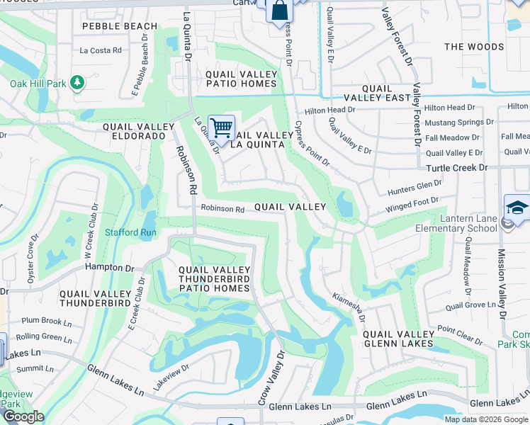 map of restaurants, bars, coffee shops, grocery stores, and more near Robinson Road in Missouri City