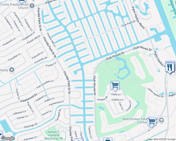 map of restaurants, bars, coffee shops, grocery stores, and more near 50 Club House Drive in Palm Coast