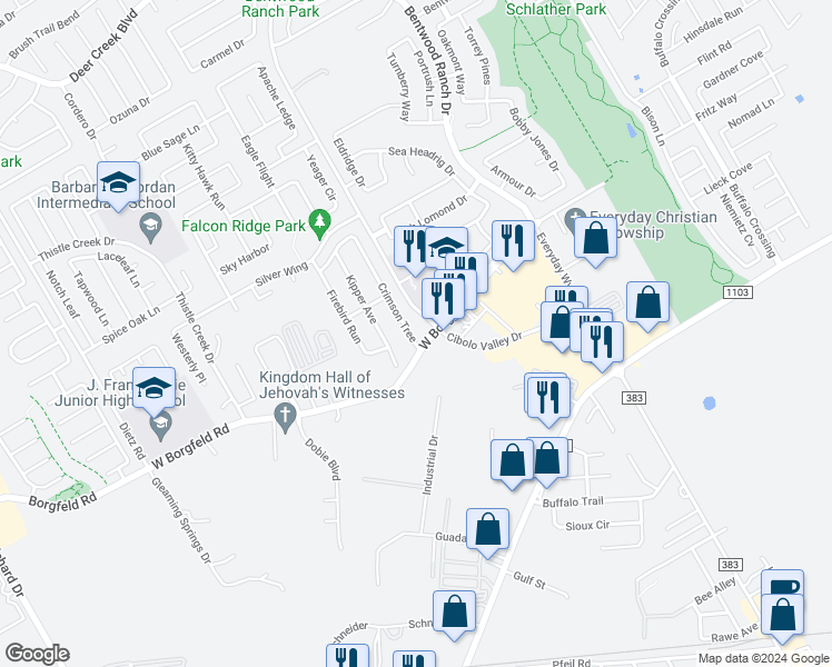 map of restaurants, bars, coffee shops, grocery stores, and more near 237 Crimson Tree in Cibolo