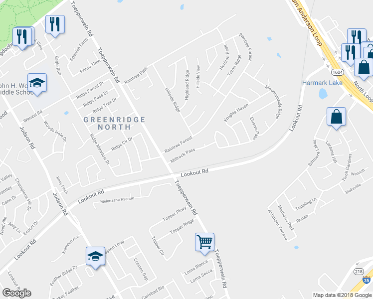 map of restaurants, bars, coffee shops, grocery stores, and more near 6726 Raintree Forest in San Antonio