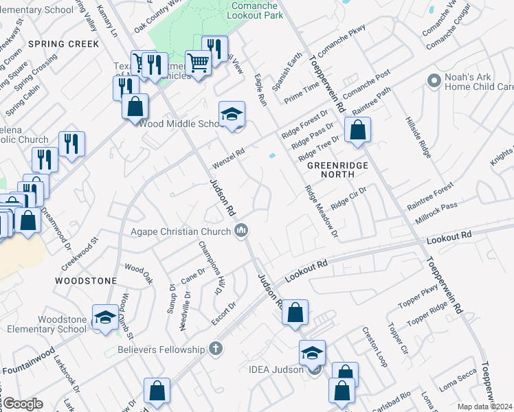 map of restaurants, bars, coffee shops, grocery stores, and more near 14419 Waddesdon Bluff in San Antonio