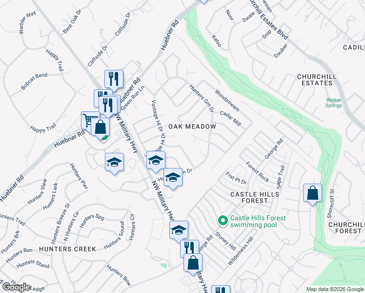 map of restaurants, bars, coffee shops, grocery stores, and more near 2710 Indian Ridge Drive in San Antonio