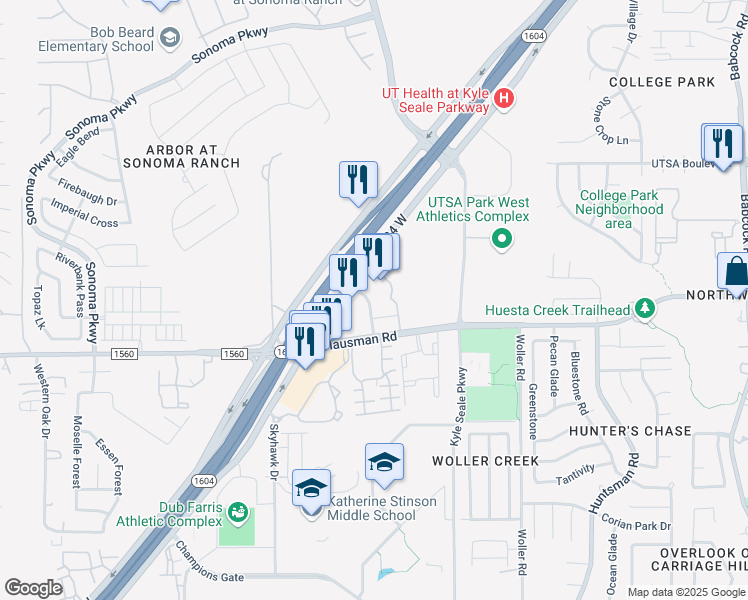 map of restaurants, bars, coffee shops, grocery stores, and more near 8202 Texas 1604 Loop in San Antonio