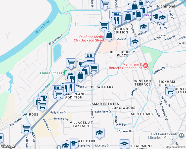 map of restaurants, bars, coffee shops, grocery stores, and more near 1319 Westwood Drive in Rosenberg