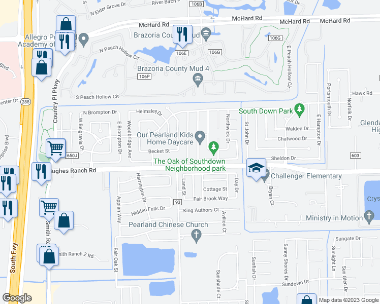 map of restaurants, bars, coffee shops, grocery stores, and more near 1131 Oxford Drive in Pearland