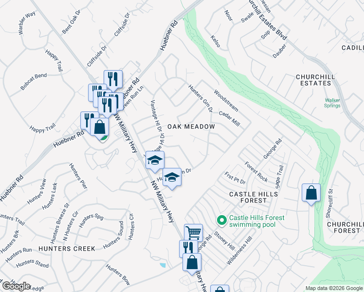 map of restaurants, bars, coffee shops, grocery stores, and more near 2710 Indian Ridge Drive in San Antonio