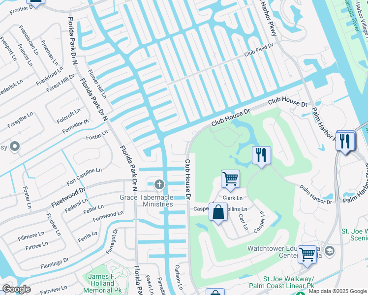 map of restaurants, bars, coffee shops, grocery stores, and more near 48 Club House Drive in Palm Coast