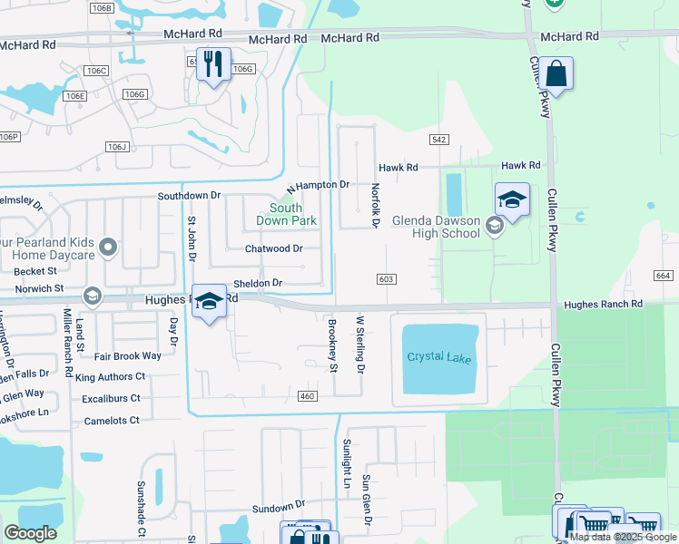 map of restaurants, bars, coffee shops, grocery stores, and more near 1119 East Hampton Drive in Pearland