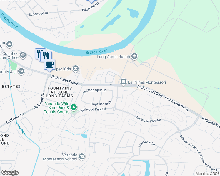 map of restaurants, bars, coffee shops, grocery stores, and more near 23514 McNabb Spur Lane in Richmond