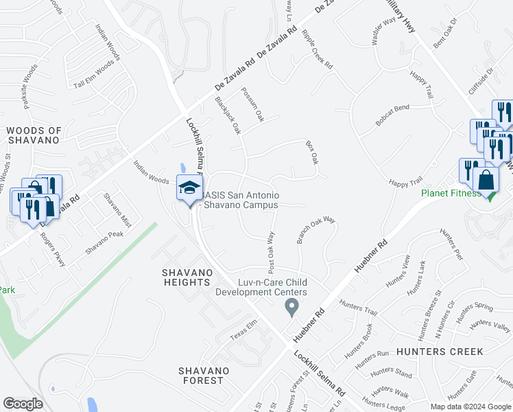 map of restaurants, bars, coffee shops, grocery stores, and more near 211 Durand Oak in Shavano Park