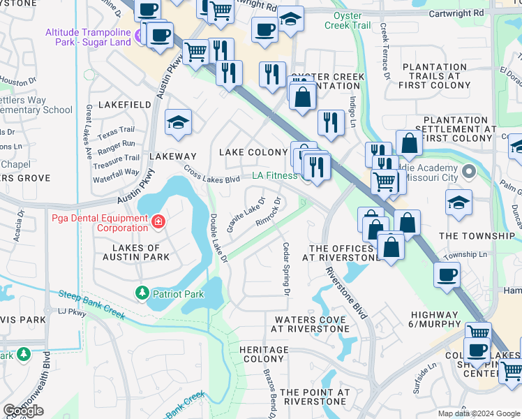map of restaurants, bars, coffee shops, grocery stores, and more near 3027 Granite Lake Drive in Missouri City