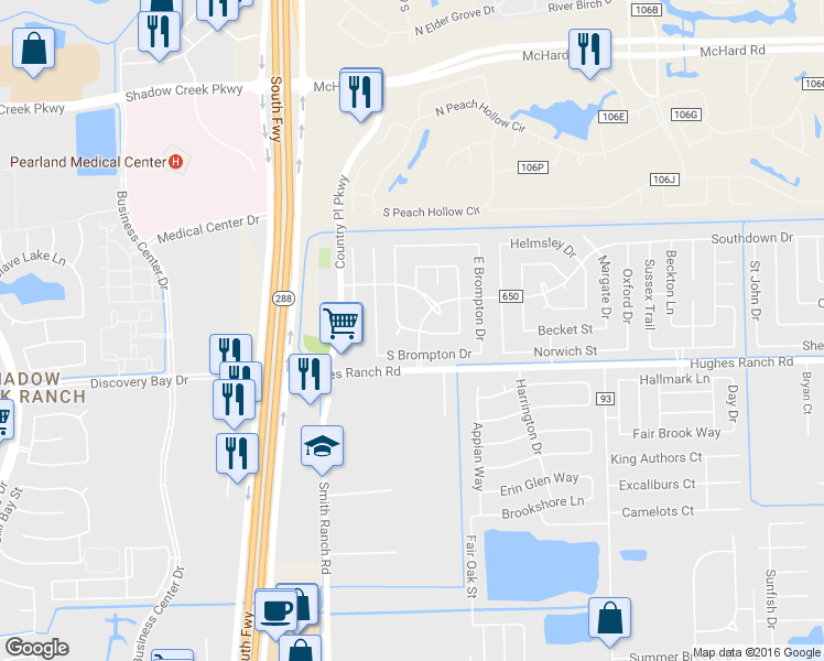 map of restaurants, bars, coffee shops, grocery stores, and more near 2606 South Belgravia Drive in Pearland