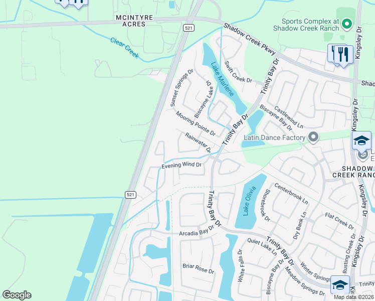 map of restaurants, bars, coffee shops, grocery stores, and more near 2203 Rainwater Court in Pearland