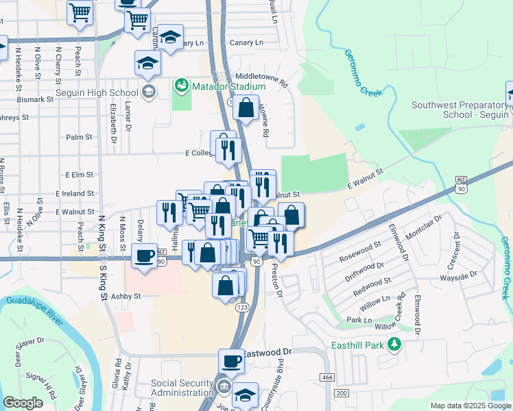 map of restaurants, bars, coffee shops, grocery stores, and more near 123 Texas 123 in Seguin