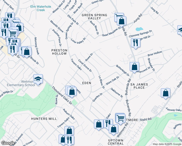 map of restaurants, bars, coffee shops, grocery stores, and more near 3337 Coral Grove Drive in San Antonio