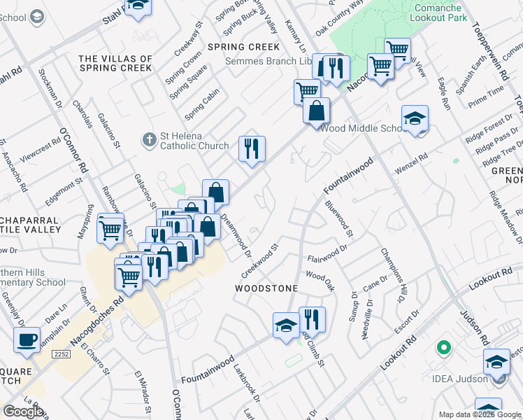 map of restaurants, bars, coffee shops, grocery stores, and more near 14650 Farm to Market Road 2252 in San Antonio